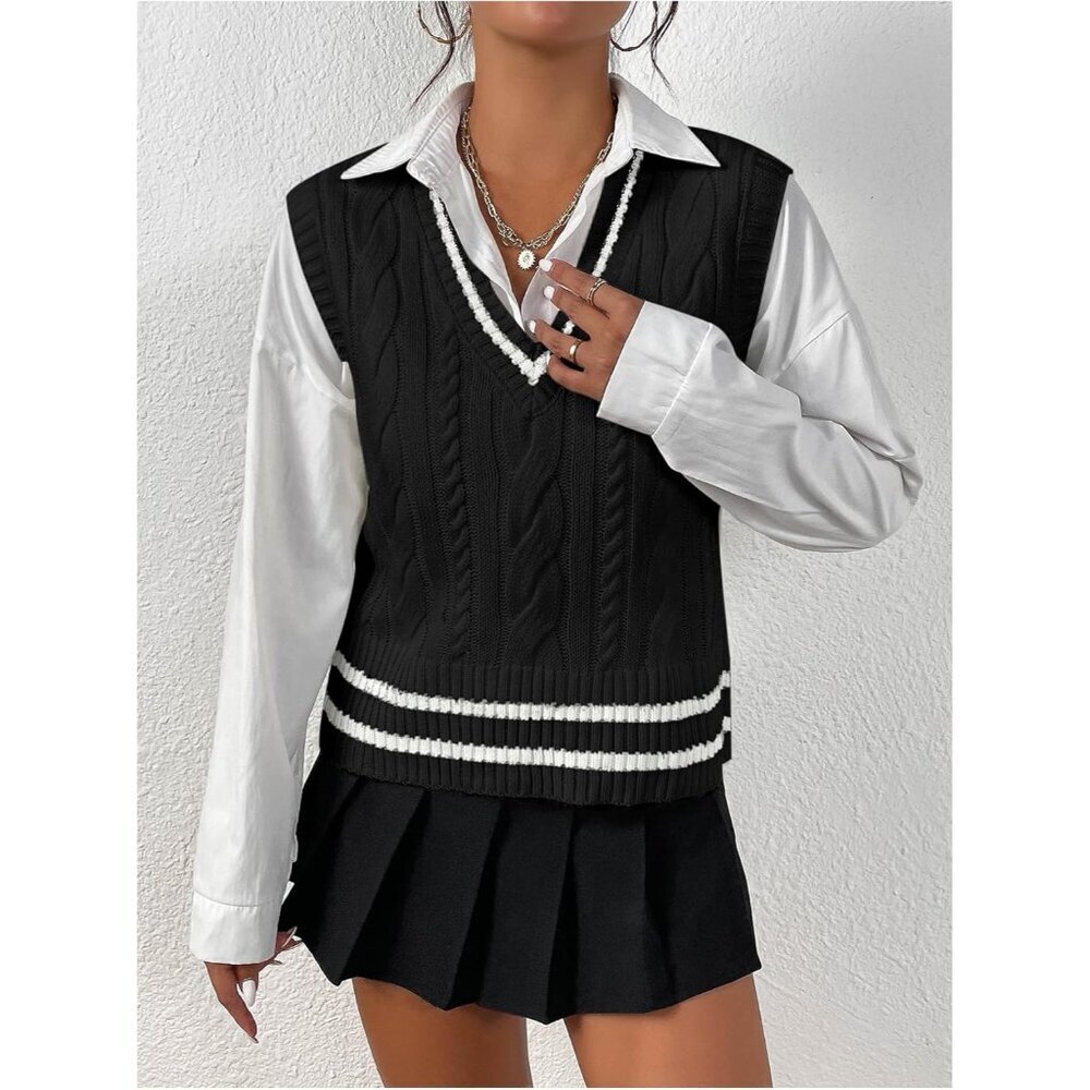 Women's Cable Knit Sweater Vest Sleeveless V Neck Knitted Tank Top Black - Picture 3 of 4